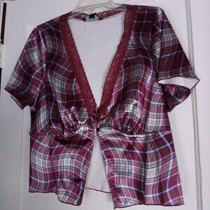 Forever 21 Brown Plaid Satin short sleeve v neckline Women's top Size 0X